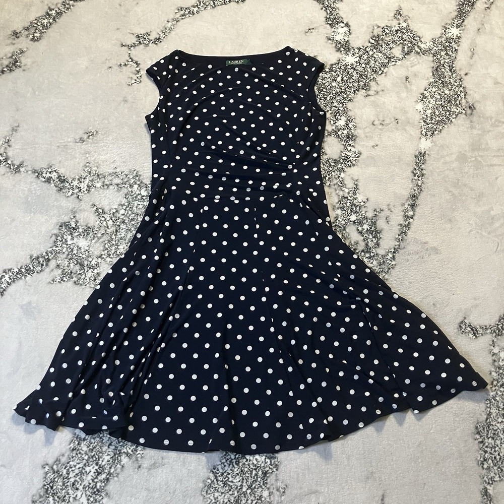 Lauren Ralph Lauren Womens Size 14 Fit Flare Dress Navy White Polka Dot Jersey